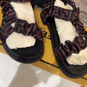 Fendi Fell Fabric Brown Satin Women's Sandals Size 40 EU - 10 US Brand New